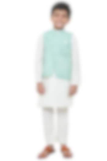 Sea Green Cotton Silk Bundi Jacket With Kurta Set For Boys by Apricot Kids