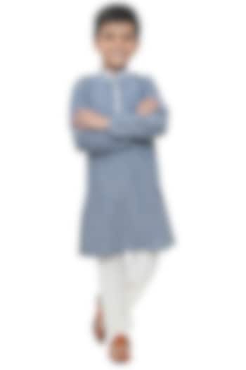 Chambray Blue Cotton Embroidered Kurta Set For Boys by Apricot Kids