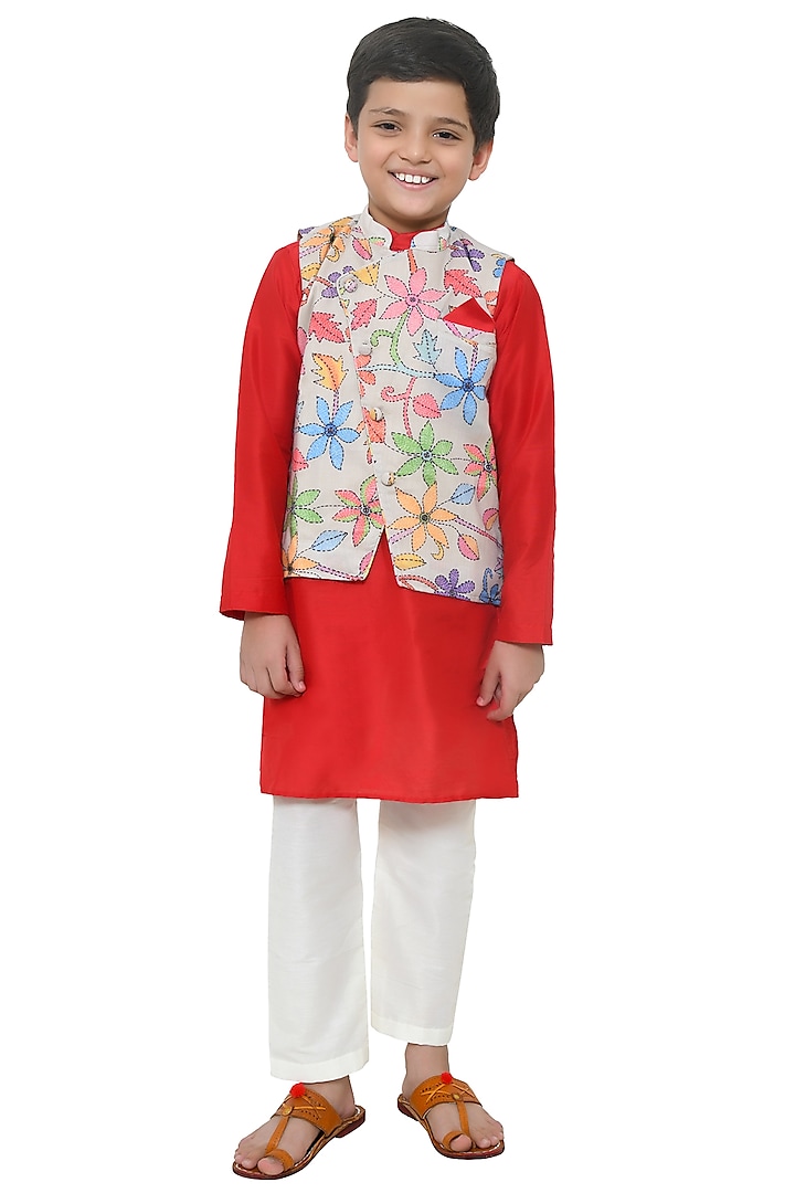 Red Cotton Silk Kurta Set With Bundi Jacket For Boys by Apricot Kids