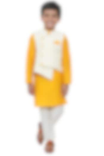 Mustard Cotton Silk Kurta Set With Bundi Jacket For Boys by Apricot Kids