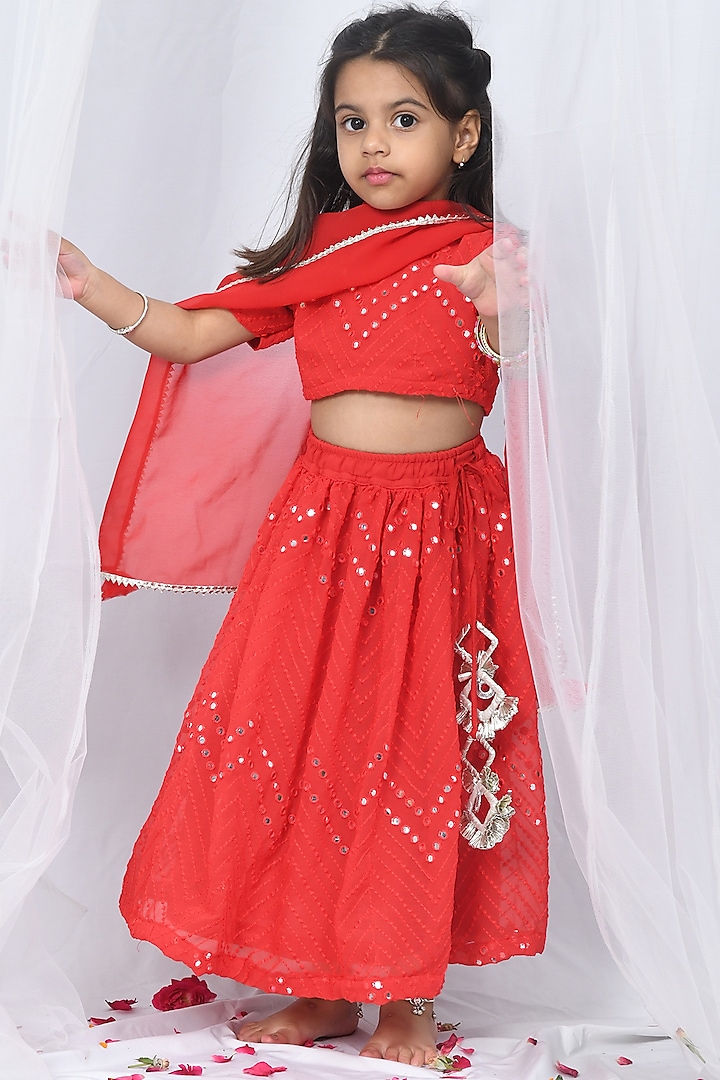 Red Embroidered Lehenga Set For Girls by Apricot Kids