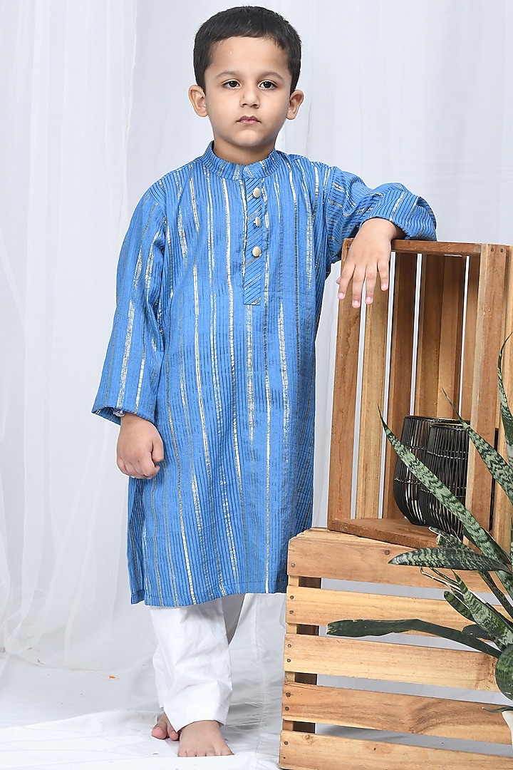 Blue Cotton Silk Kurta Set For Boys by Apricot Kids