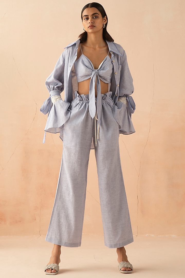 Powder Blue Linen Pant Set With Marble Buttons by APZ