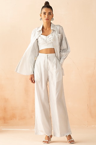 Blue Silk Pant Set With Marble Buttons by APZ