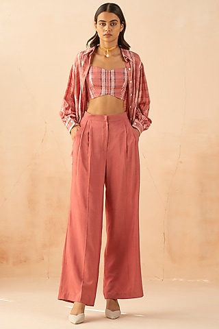 Coral Textured Linen Pant Set by APZ