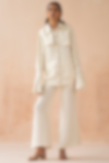 White Textured Linen Flared Pant Set by APZ