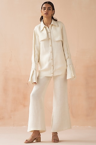 White Textured Linen Flared Pant Set by APZ