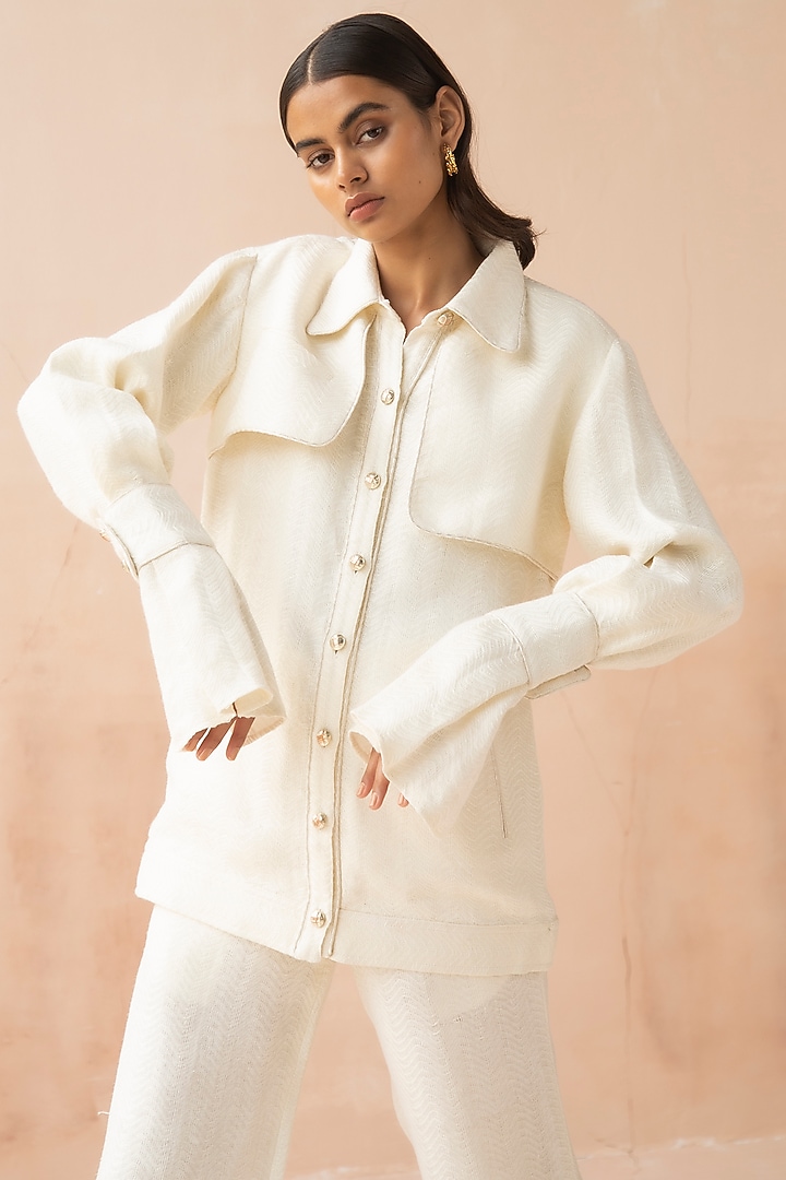 White Textured Linen Flared Pant Set by APZ at Pernia's Pop Up Shop