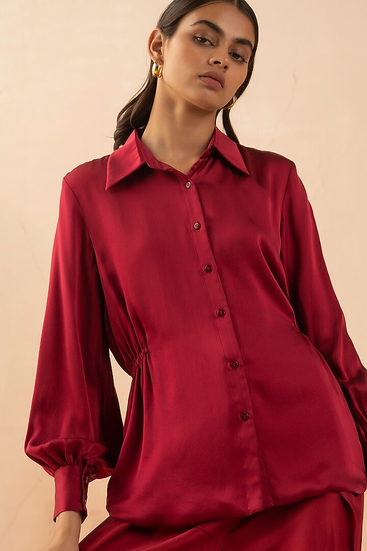 Cranberry Red Silk Shirt by APZ at Pernia's Pop Up Shop