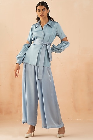 Pastel Blue Pant Set With Belt by APZ