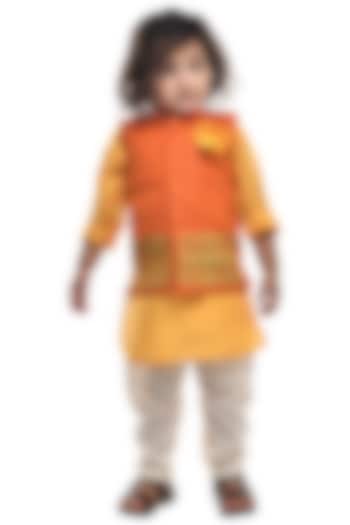 Orange Embroidered Bundi Jacket With Kurta Set For Boys by Apricot Kids