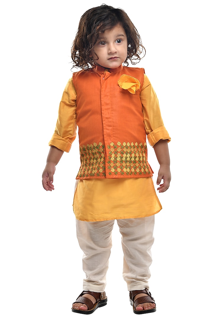 Orange Embroidered Bundi Jacket With Kurta Set For Boys by Apricot Kids