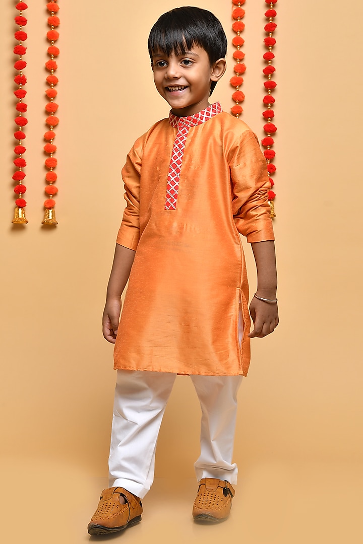 Orange Cotton Silk Kurta Set For Boys by Apricot Kids