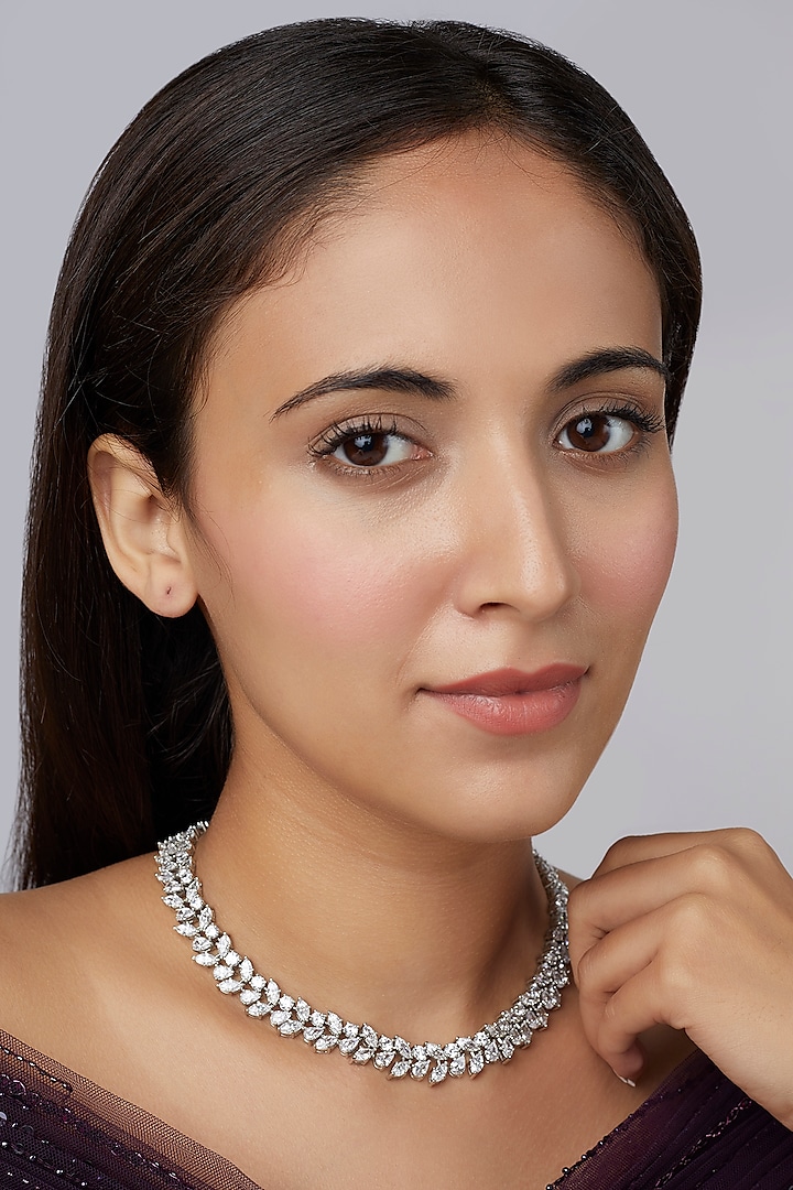 White Finish Marquise Swarovski Necklace In Sterling Silver by Tesoro by Bhavika