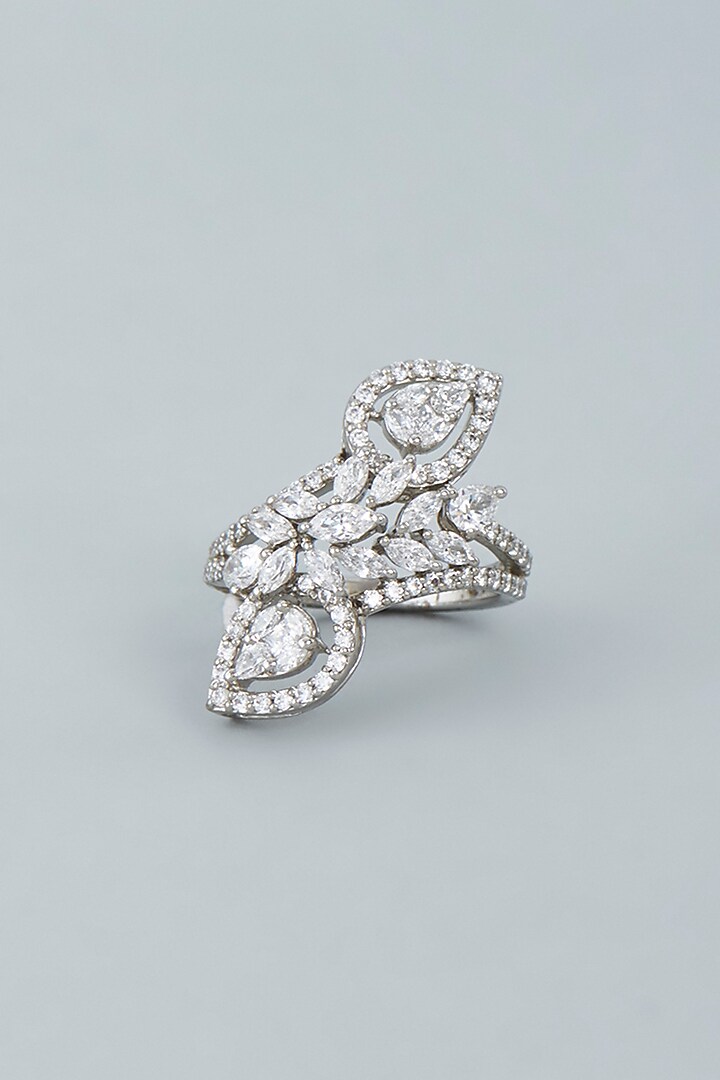 White Finish Swarovski Cocktail Ring In Sterling Silver by Tesoro by Bhavika at Pernia's Pop Up Shop