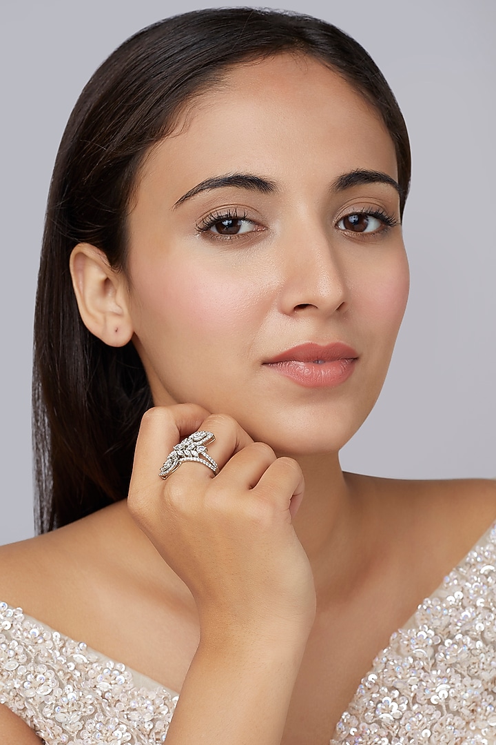 White Finish Swarovski Cocktail Ring In Sterling Silver by Tesoro by Bhavika at Pernia's Pop Up Shop