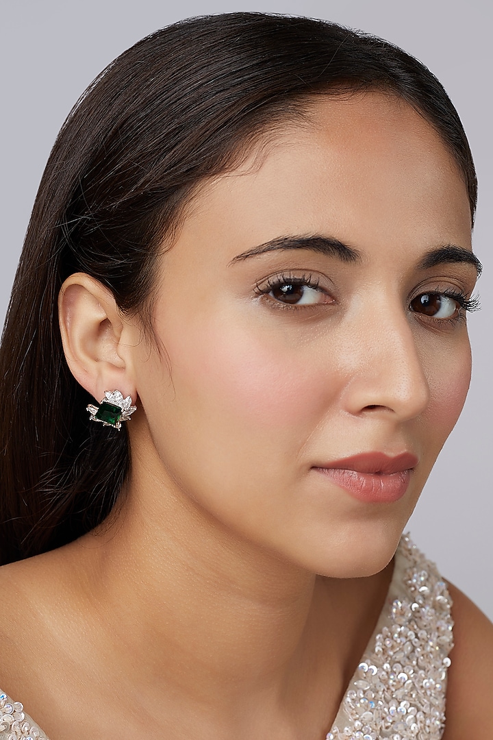 White Finish Green Swarovski Stud Earrings In Sterling Silver by Tesoro by Bhavika