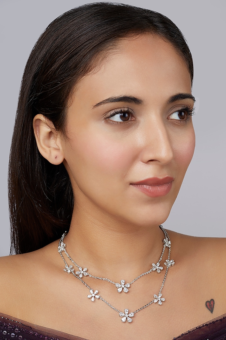 White Finish Swarovski Layered Floral Necklace In Sterling Silver by Tesoro by Bhavika