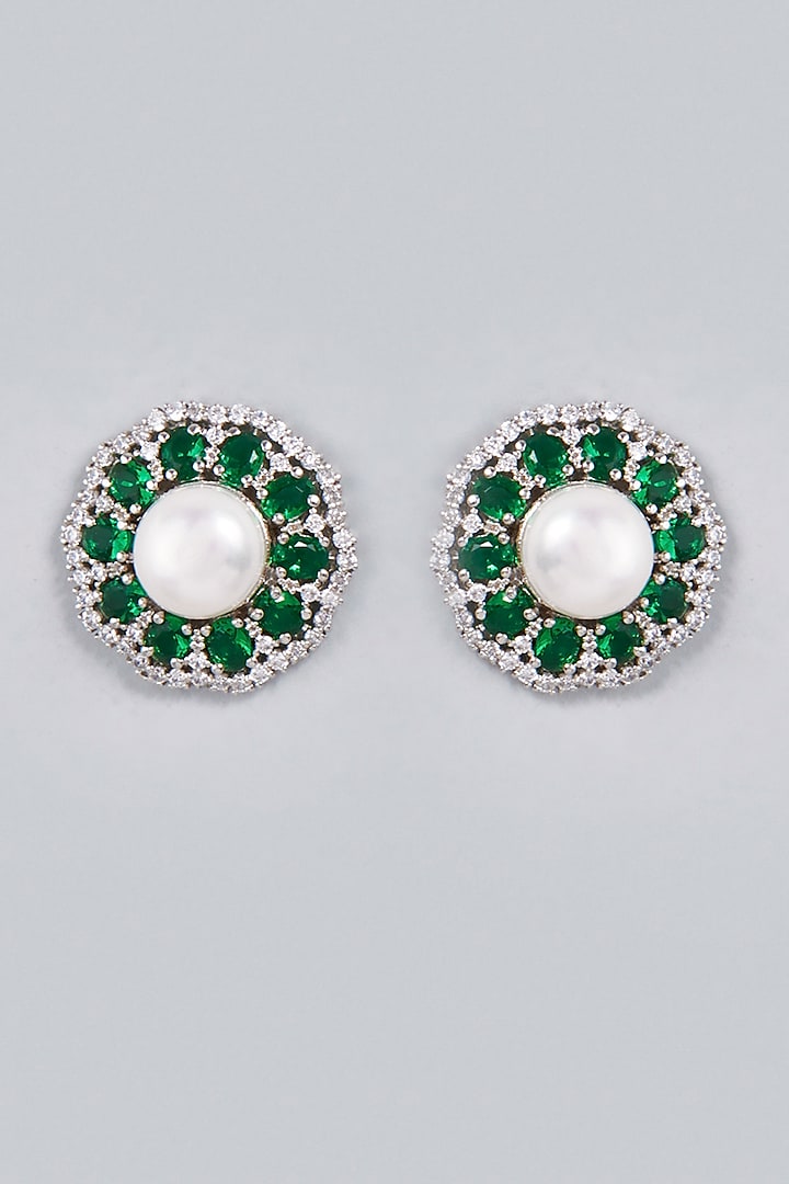 White Finish Green Swarovski Floral Stud Earrings In Sterling Silver by Tesoro by Bhavika