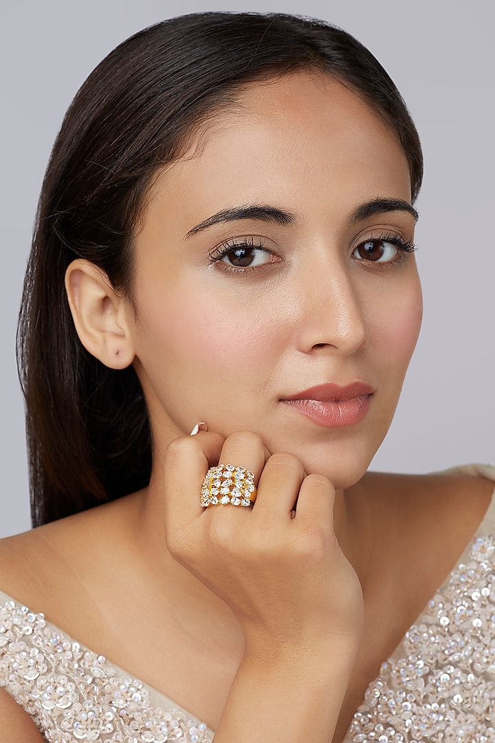 Gold Finish Swarovski Cocktail Ring In Sterling Silver by Tesoro by Bhavika
