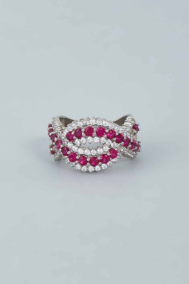 White Finish Red Swarovski Ring In Sterling Silver by Tesoro by Bhavika at Pernia's Pop Up Shop