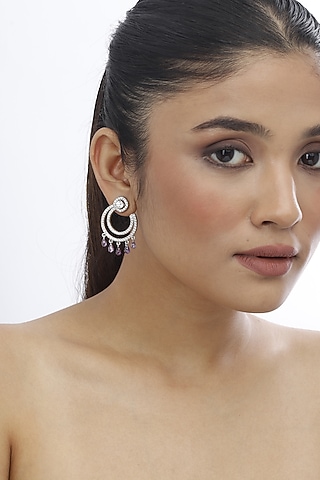 White Finish Purple Stone & Swarovski Chandbali Earrings In Sterling Silver by Tesoro by Bhavika