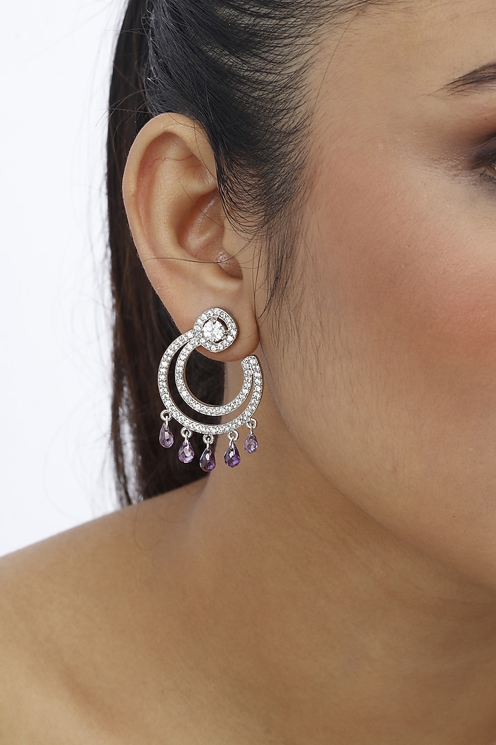 White Finish Purple Stone Swarovski Chandbali Earrings In Sterling Silver  by Tesoro by Bhavika at Pernia's Pop Up Shop