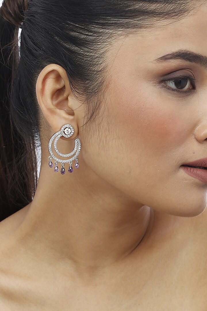 White Finish Purple Stone & Swarovski Chandbali Earrings In Sterling Silver by Tesoro by Bhavika at Pernia's Pop Up Shop