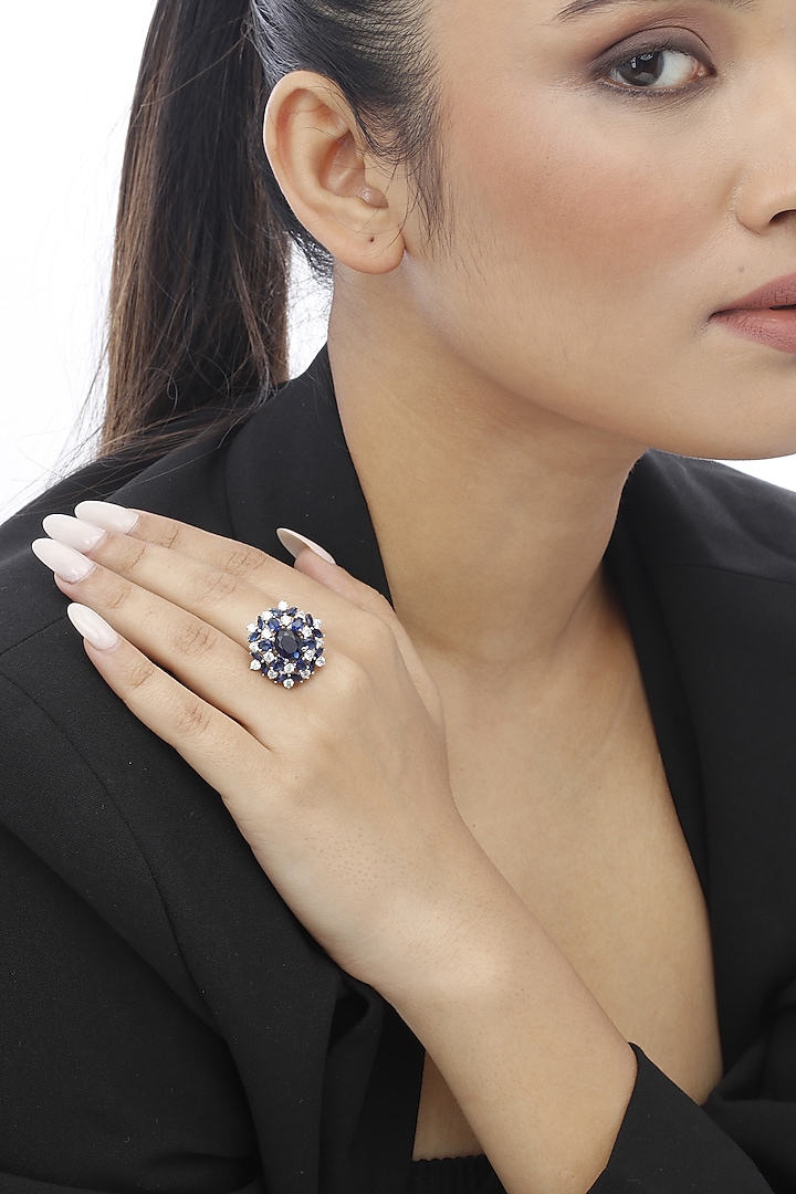 White Finish Blue Sapphire & Swarovski Ring In Sterling Silver by Tesoro by Bhavika at Pernia's Pop Up Shop