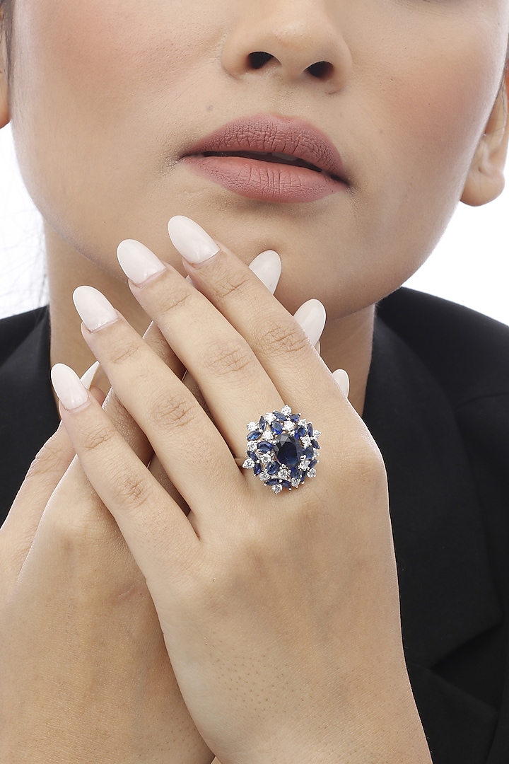 White Finish Blue Sapphire & Swarovski Ring In Sterling Silver by Tesoro by Bhavika at Pernia's Pop Up Shop