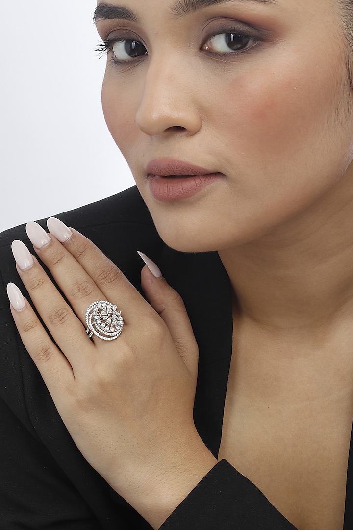 White Finish Swarovski Ring In Sterling Silver by Tesoro by Bhavika at Pernia's Pop Up Shop