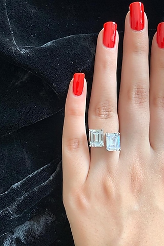 White Finish Swarovski Double Emerald-Cut Ring In Sterling Silver by Tesoro by Bhavika