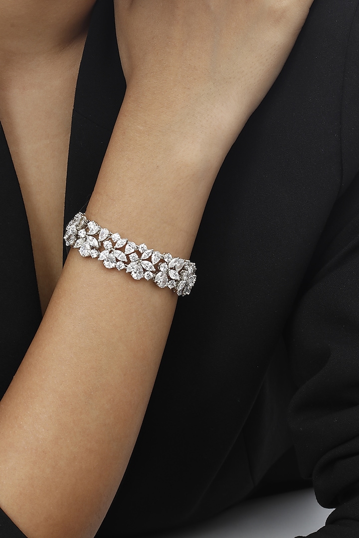 White Finish Swarovski Bracelet In Sterling Silver by Tesoro by Bhavika at Pernia's Pop Up Shop