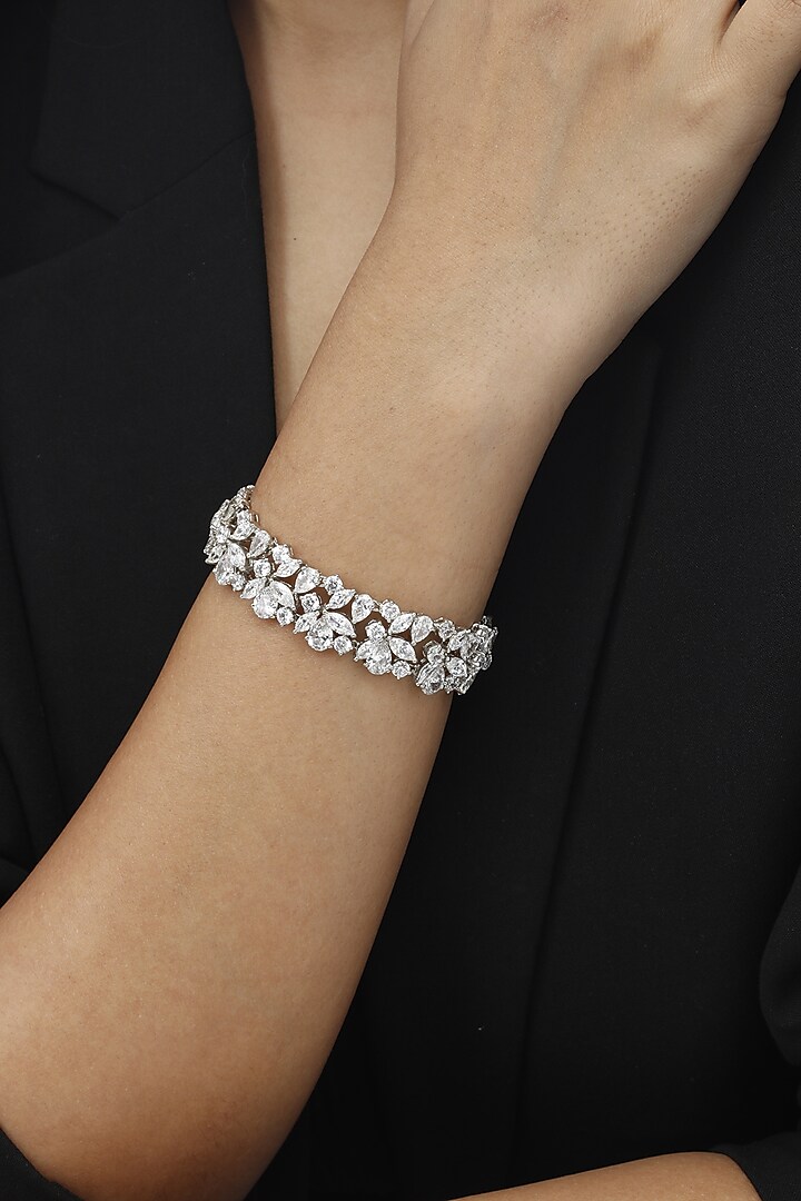 White Finish Swarovski Bracelet In Sterling Silver by Tesoro by Bhavika at Pernia's Pop Up Shop