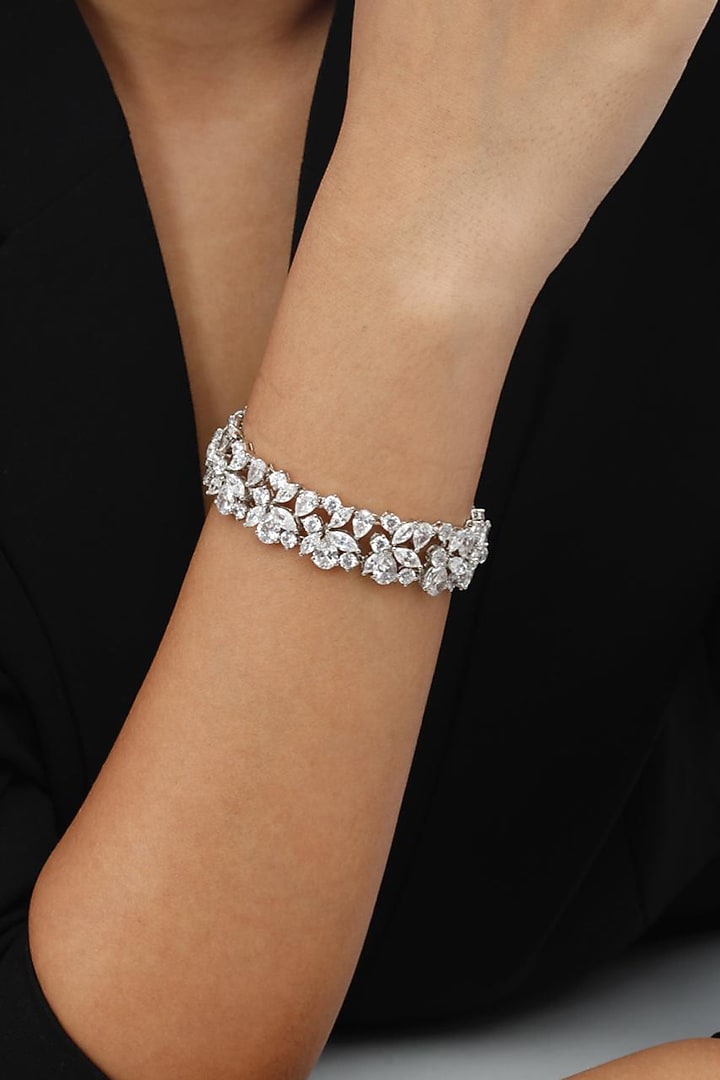 White Finish Swarovski Bracelet In Sterling Silver by Tesoro by Bhavika at Pernia's Pop Up Shop