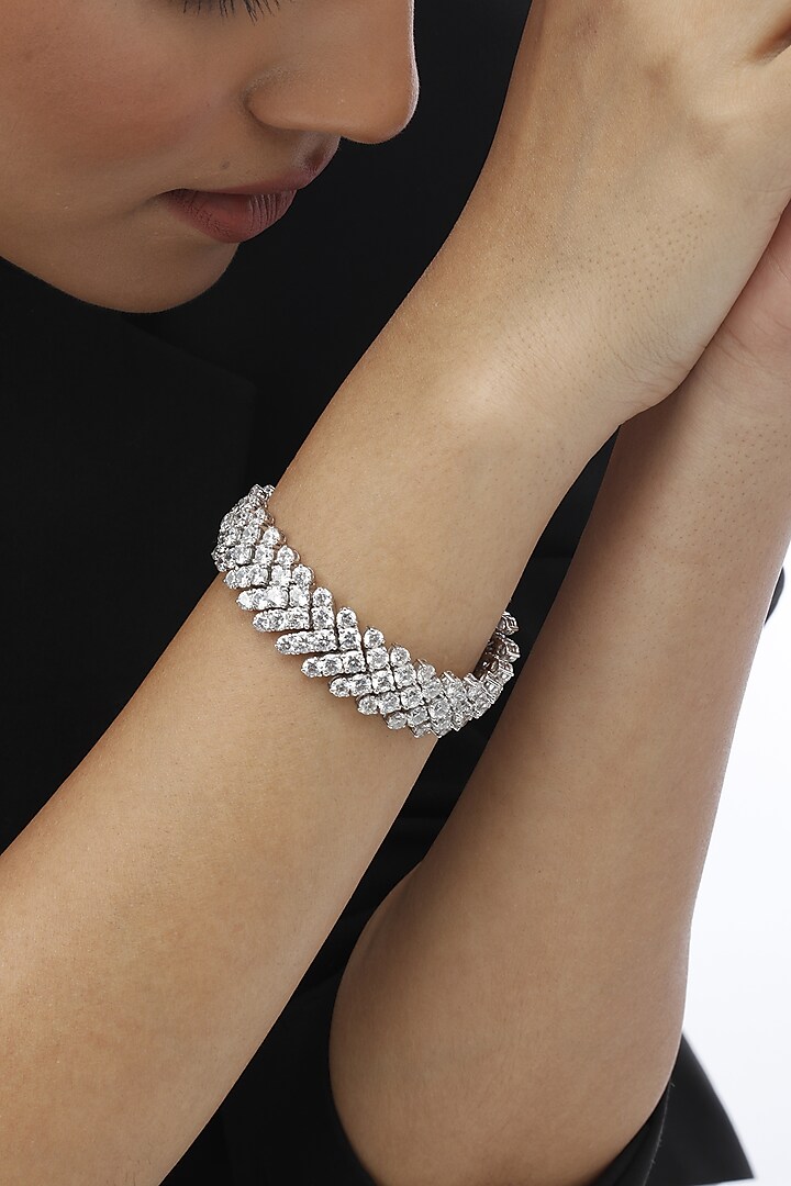 White Finish Swarovski Bracelet In Sterling Silver by Tesoro by Bhavika at Pernia's Pop Up Shop