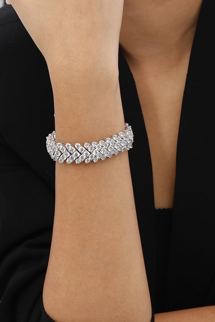 White Finish Swarovski Bracelet In Sterling Silver by Tesoro by Bhavika at Pernia's Pop Up Shop