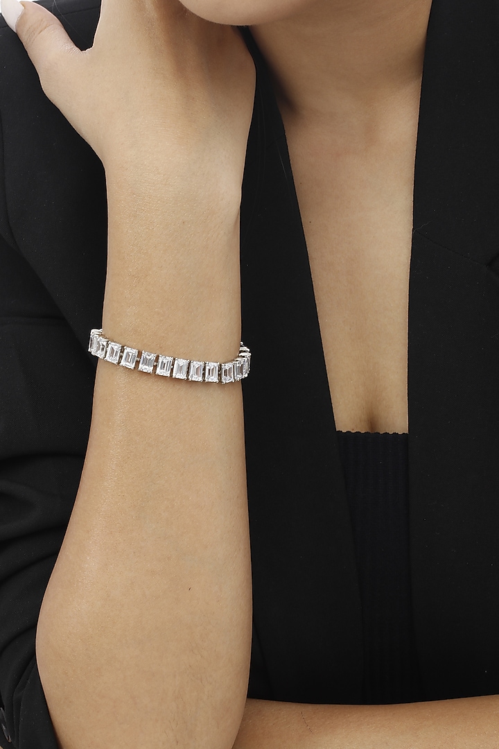 White Finish Swarovski Stone Tennis Bracelet In Sterling Silver by Tesoro by Bhavika at Pernia's Pop Up Shop
