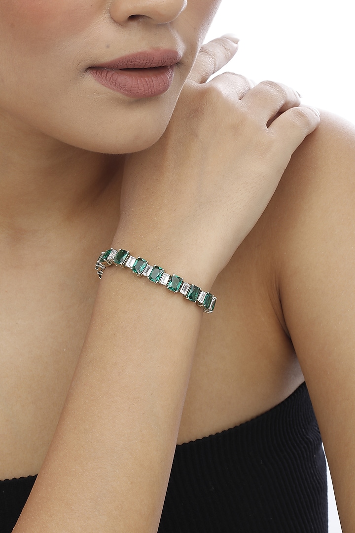White Finish Green & White Emerald-Cut Swarovski Tennis Bracelet In Sterling Silver by Tesoro by Bhavika at Pernia's Pop Up Shop