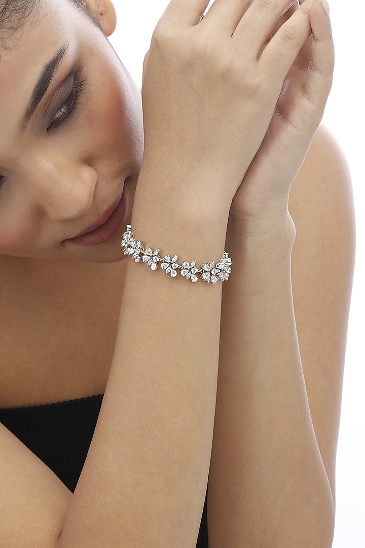 White Finish Swarovski Stone Bracelet In Sterling Silver by Tesoro by Bhavika at Pernia's Pop Up Shop