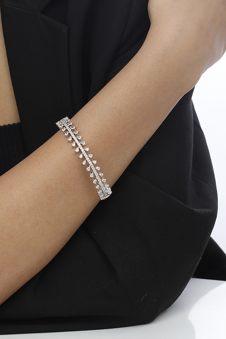 White Finish Swarovski Stone Openable Bracelet In Sterling Silver by Tesoro by Bhavika at Pernia's Pop Up Shop