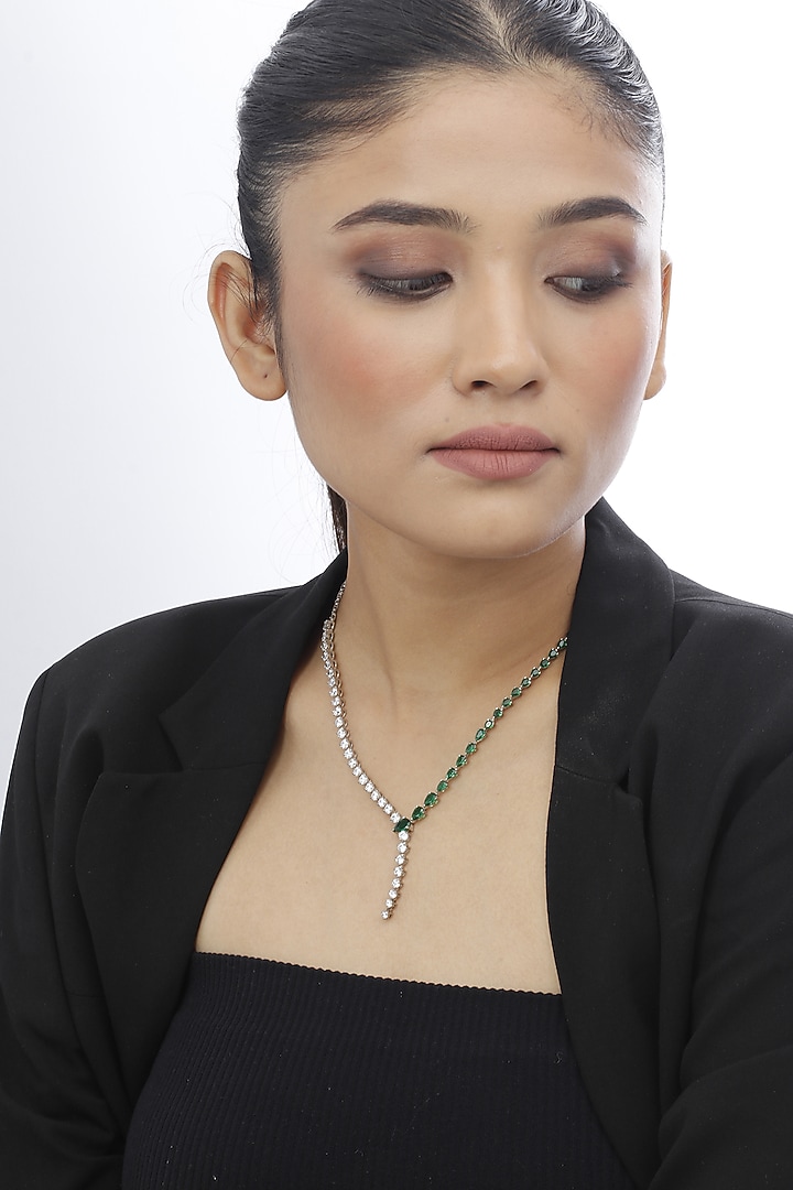White Finish Emerald Green & White Swarovski Stone Necklace In Sterling Silver by Tesoro by Bhavika at Pernia's Pop Up Shop
