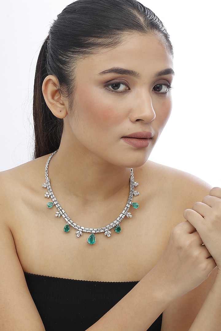 White Finish Swarovski Stone & Emerald Green Crystal Necklace In Sterling Silver by Tesoro by Bhavika at Pernia's Pop Up Shop