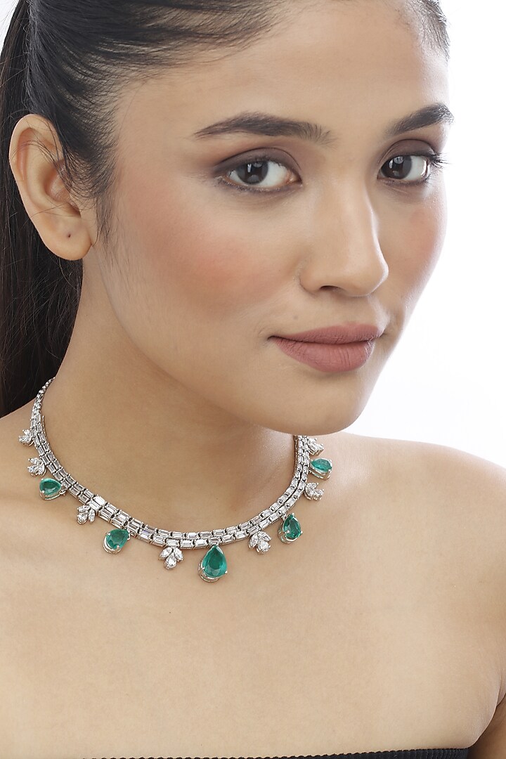 White Finish Swarovski Stone & Emerald Green Crystal Necklace In Sterling Silver by Tesoro by Bhavika at Pernia's Pop Up Shop