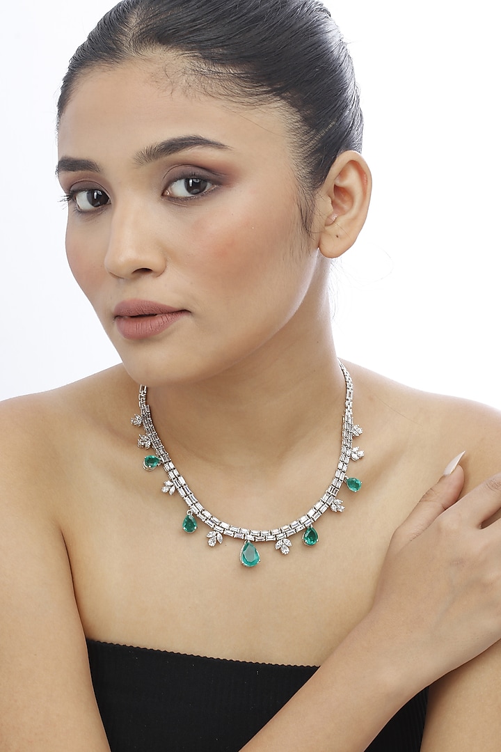 White Finish Swarovski Stone & Emerald Green Crystal Necklace In Sterling Silver by Tesoro by Bhavika at Pernia's Pop Up Shop