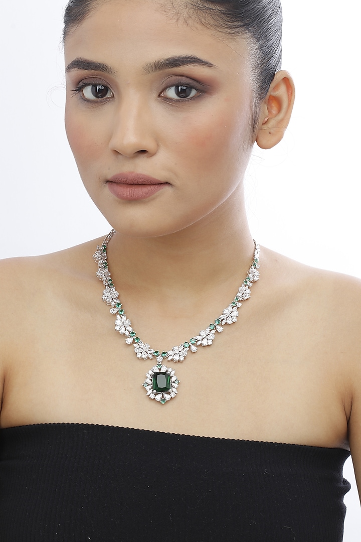 White Finish Swarovski Stone Pendant Necklace In Sterling Silver by Tesoro by Bhavika at Pernia's Pop Up Shop