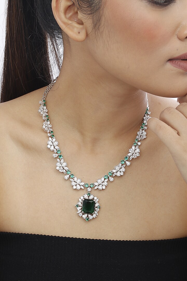 White Finish Swarovski Stone Pendant Necklace In Sterling Silver by Tesoro by Bhavika at Pernia's Pop Up Shop