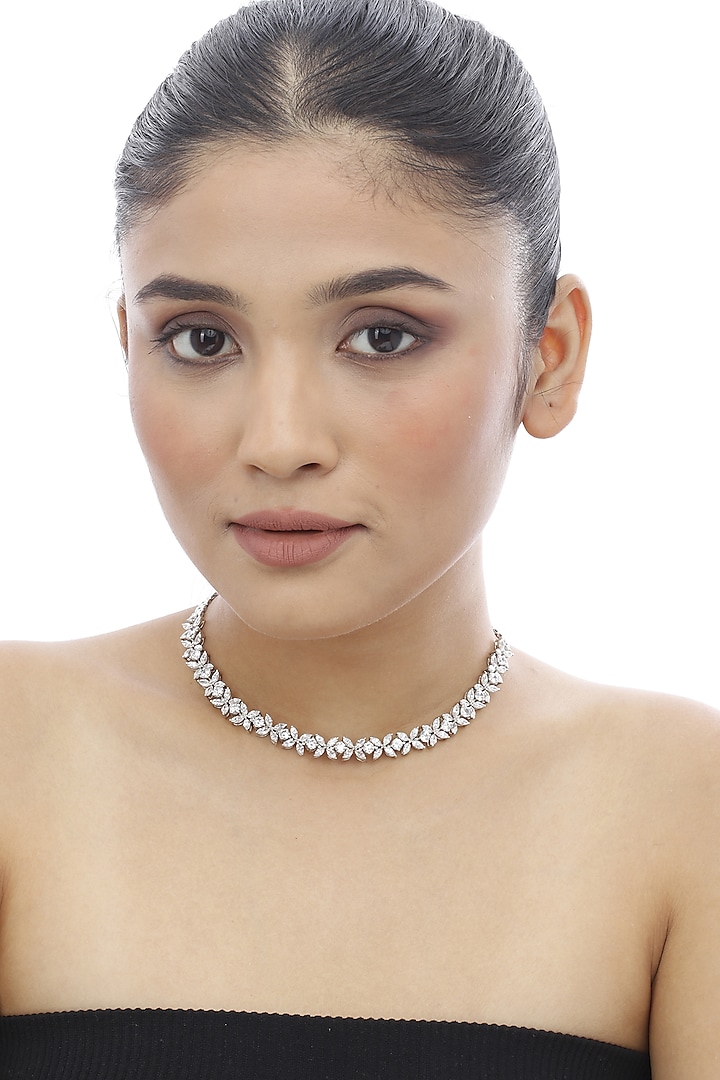 White Finish Swarovski Floral Choker Necklace In Sterling Silver by Tesoro by Bhavika at Pernia's Pop Up Shop