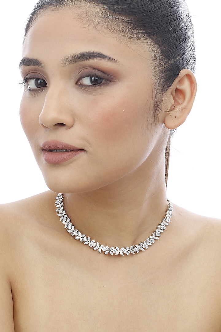 White Finish Swarovski Floral Choker Necklace In Sterling Silver by Tesoro by Bhavika at Pernia's Pop Up Shop