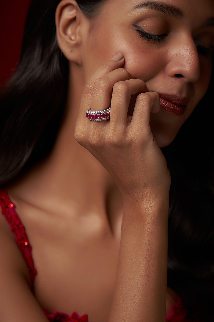 White Finish Swarovski Crystals & Ruby Red Oval Stones Ring In Sterling Silver by Tesoro by Bhavika